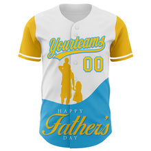 Загрузить изображение в средство просмотра галереи, Custom White Yellow-Sky Blue 3D Pattern Design Father's Day Family Love Authentic Baseball Jersey