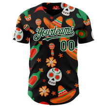 Laden Sie das Bild in den Galerie-Viewer, Custom Black Green-White 3D Mexican Festival Sombrero And Skull Cinco de Mayo Authentic Baseball Jersey