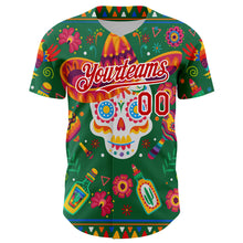 Laden Sie das Bild in den Galerie-Viewer, Custom Kelly Green Red-White 3D Mexican Festival Flower Skull With Sombrero Cinco de Mayo Authentic Baseball Jersey