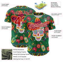 Laden Sie das Bild in den Galerie-Viewer, Custom Kelly Green Red-White 3D Mexican Festival Flower Skull With Sombrero Cinco de Mayo Authentic Baseball Jersey