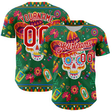 Laden Sie das Bild in den Galerie-Viewer, Custom Kelly Green Red-White 3D Mexican Festival Flower Skull With Sombrero Cinco de Mayo Authentic Baseball Jersey