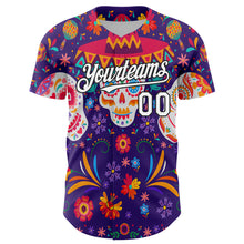 Laden Sie das Bild in den Galerie-Viewer, Custom Purple White-Black 3D Mexican Festival Flower Skull With Sombrero Cinco de Mayo Authentic Baseball Jersey