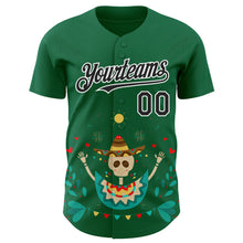 Загрузить изображение в средство просмотра галереи, Custom Kelly Green Black-White 3D Mexican Festival Flower Skull With Sombrero Cinco de Mayo Authentic Baseball Jersey