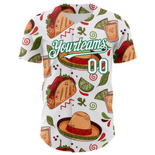 Laden Sie das Bild in den Galerie-Viewer, Custom White Kelly Green 3D Mexican Festival Tacos And Sombrero Cinco de Mayo Authentic Baseball Jersey