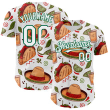 Laden Sie das Bild in den Galerie-Viewer, Custom White Kelly Green 3D Mexican Festival Tacos And Sombrero Cinco de Mayo Authentic Baseball Jersey