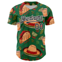 Загрузить изображение в средство просмотра галереи, Custom Kelly Green Black-White 3D Mexican Festival Tacos And Sombrero Cinco de Mayo Authentic Baseball Jersey