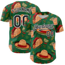 Загрузить изображение в средство просмотра галереи, Custom Kelly Green Black-White 3D Mexican Festival Tacos And Sombrero Cinco de Mayo Authentic Baseball Jersey