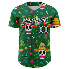 Laden Sie das Bild in den Galerie-Viewer, Custom Kelly Green Black-White 3D Mexican Festival Flower Skull With Sombrero Cinco de Mayo Authentic Baseball Jersey