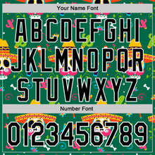 Laden Sie das Bild in den Galerie-Viewer, Custom Kelly Green Black-White 3D Mexican Festival Flower Skull With Sombrero Cinco de Mayo Authentic Baseball Jersey