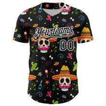 Load image into Gallery viewer, Custom Black White 3D Mexican Festival Flower Skull With Sombrero Cinco de Mayo Authentic Baseball Jersey