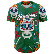 Charger l'image dans la galerie, Custom Kelly Green White-Black 3D Mexican Festival Flower And Skull Cinco de Mayo Authentic Baseball Jersey