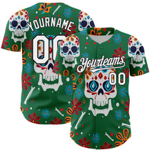 Charger l'image dans la galerie, Custom Kelly Green White-Black 3D Mexican Festival Flower And Skull Cinco de Mayo Authentic Baseball Jersey
