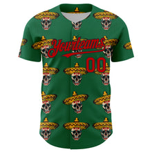 Загрузить изображение в средство просмотра галереи, Custom Kelly Green Red-Black 3D Mexican Festival Skull With Sombrero Cinco de Mayo Authentic Baseball Jersey