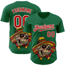 Загрузить изображение в средство просмотра галереи, Custom Kelly Green Red-White 3D Mexican Festival Skull With Sombrero Cinco de Mayo Authentic Baseball Jersey