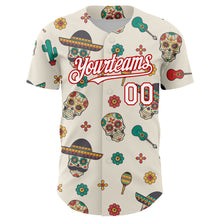Laden Sie das Bild in den Galerie-Viewer, Custom Cream White-Red 3D Mexican Festival Cactus Skull With Sombrero Cinco de Mayo Authentic Baseball Jersey