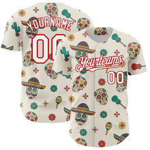 Laden Sie das Bild in den Galerie-Viewer, Custom Cream White-Red 3D Mexican Festival Cactus Skull With Sombrero Cinco de Mayo Authentic Baseball Jersey