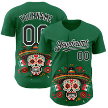 Загрузить изображение в средство просмотра галереи, Custom Kelly Green Black-White 3D Mexican Festival Flag Skull With Sombrero Cinco de Mayo Authentic Baseball Jersey