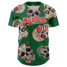 Charger l'image dans la galerie, Custom Kelly Green Red-White 3D Mexican Skull Authentic Baseball Jersey