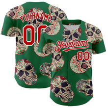 Charger l'image dans la galerie, Custom Kelly Green Red-White 3D Mexican Skull Authentic Baseball Jersey
