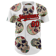Load image into Gallery viewer, Custom White Red-Black 3D Mexican Skull Authentic Baseball Jersey