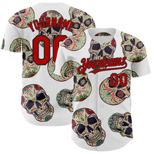 Load image into Gallery viewer, Custom White Red-Black 3D Mexican Skull Authentic Baseball Jersey