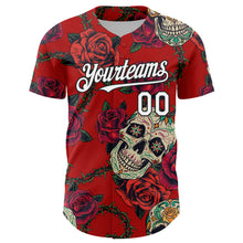 Load image into Gallery viewer, Custom Red White-Black 3D Mexican Skull And Flower Authentic Baseball Jersey