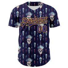 Laden Sie das Bild in den Galerie-Viewer, Custom Blue Dark Purple-Gold 3D Apache Skull Authentic Baseball Jersey