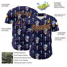 Laden Sie das Bild in den Galerie-Viewer, Custom Blue Dark Purple-Gold 3D Apache Skull Authentic Baseball Jersey