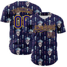 Laden Sie das Bild in den Galerie-Viewer, Custom Blue Dark Purple-Gold 3D Apache Skull Authentic Baseball Jersey