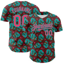 Laden Sie das Bild in den Galerie-Viewer, Custom Brown Neon Pink-Aqua 3D Zombie Skull Authentic Baseball Jersey