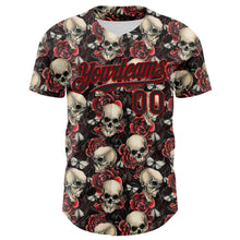 Laden Sie das Bild in den Galerie-Viewer, Custom Black Red 3D Skeleton And Flower Authentic Baseball Jersey