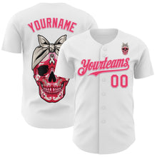 Laden Sie das Bild in den Galerie-Viewer, Custom White Neon Pink-Light Pink 3D Pink Ribbon Skull Authentic Baseball Jersey