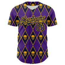 Laden Sie das Bild in den Galerie-Viewer, Custom Purple Navy-Gold 3D Skull Authentic Baseball Jersey