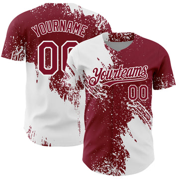 Custom White Crimson 3D Pattern Design Abstract Brush Stroke Authentic Baseball Jersey
