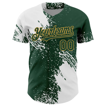 Custom White Green-Old Gold 3D Pattern Design Abstract Brush Stroke Authentic Baseball Jersey