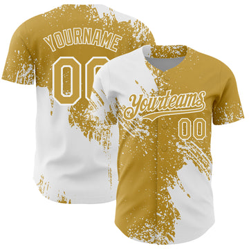Custom White Old Gold 3D Pattern Design Abstract Brush Stroke Authentic Baseball Jersey