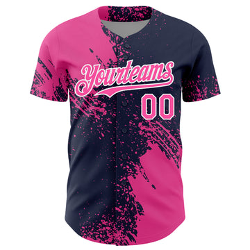 Custom Pink Navy-White 3D Pattern Design Abstract Brush Stroke Authentic Baseball Jersey