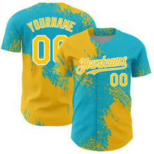Загрузить изображение в средство просмотра галереи, Custom Yellow Lakes Blue-White 3D Pattern Design Abstract Brush Stroke Authentic Baseball Jersey