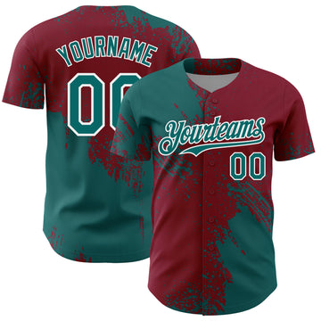 Custom Teal Crimson-White 3D Pattern Design Abstract Brush Stroke Authentic Baseball Jersey