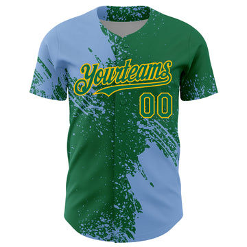 Custom Light Blue Kelly Green-Gold 3D Pattern Design Abstract Brush Stroke Authentic Baseball Jersey