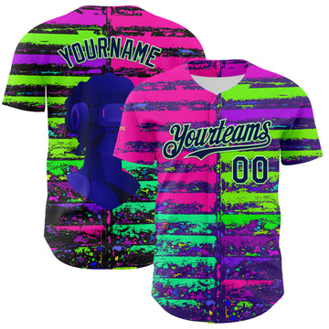 Custom Pink Navy-Pea Green 3D Pattern Design Rave Psychedelic Neon Fluid Art Authentic Baseball Jersey