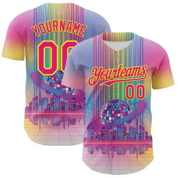 Custom Pink Hot Pink-Light Yellow 3D Pattern Design Rave Psychedelic Neon Music Disco Authentic Baseball Jersey