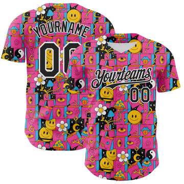Custom Hot Pink Black-White 3D Pattern Design Rave Psychedelic Geometry Authentic Baseball Jersey