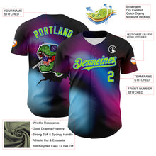 Load image into Gallery viewer, Custom Black Neon Green-Electric Blue 3D Pattern Design Rave Psychedelic Neon Dinosaur Authentic Baseball Jersey