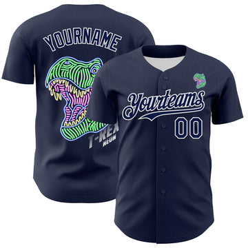 Custom Navy White 3D Pattern Design Rave Psychedelic Neon Dinosaur Authentic Baseball Jersey