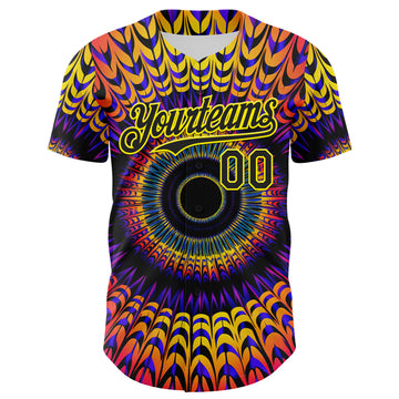Custom Black Light Yellow 3D Pattern Design Rave Psychedelic Fractal Style Authentic Baseball Jersey