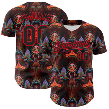 Custom Brown Black-Fire Red 3D Pattern Design Rave Psychedelic Fluid Art Authentic Baseball Jersey