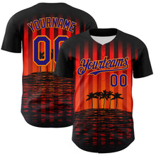 Load image into Gallery viewer, Custom Black Dark Purple-Bay Orange 3D Pattern Design Rave Psychedelic Tropical Palm Tree Authentic Baseball Jersey