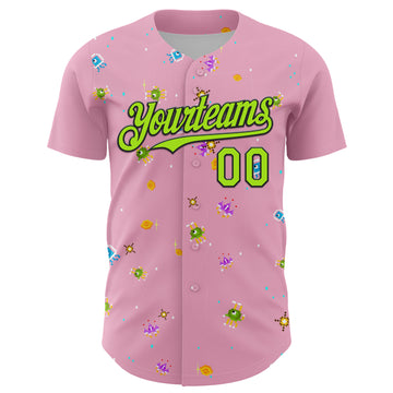 Custom Light Pink Neon Green-Black 3D Pattern Design Retro Pixel Arcade Game Authentic Baseball Jersey