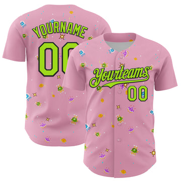 Custom Light Pink Neon Green-Black 3D Pattern Design Retro Pixel Arcade Game Authentic Baseball Jersey